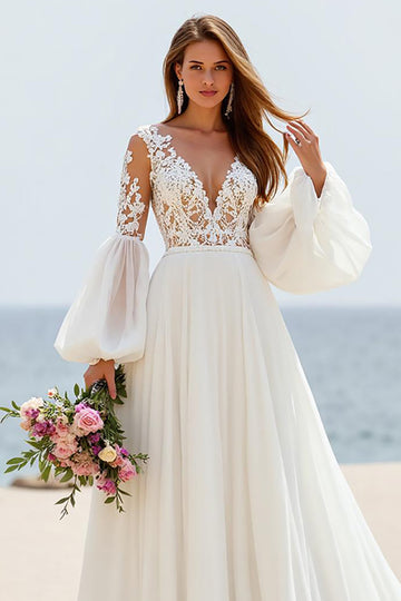 Ivory A Line Chapel Train Chiffon Wedding Dress with Lace Appliques